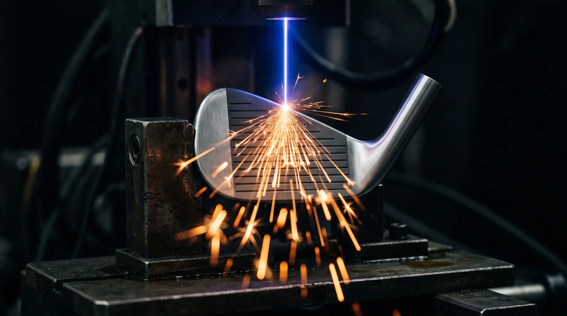Laserstrahl trifft auf eine eingespannte Schlagflaeche, Funken spruehen in einer dunklen Werkstatt